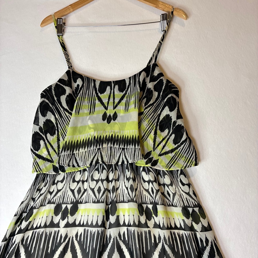 Bisou Bisou Dress Women's 14 Green Ikat High Low Tiered Ruffle 13KD582B - Picture 10 of 11